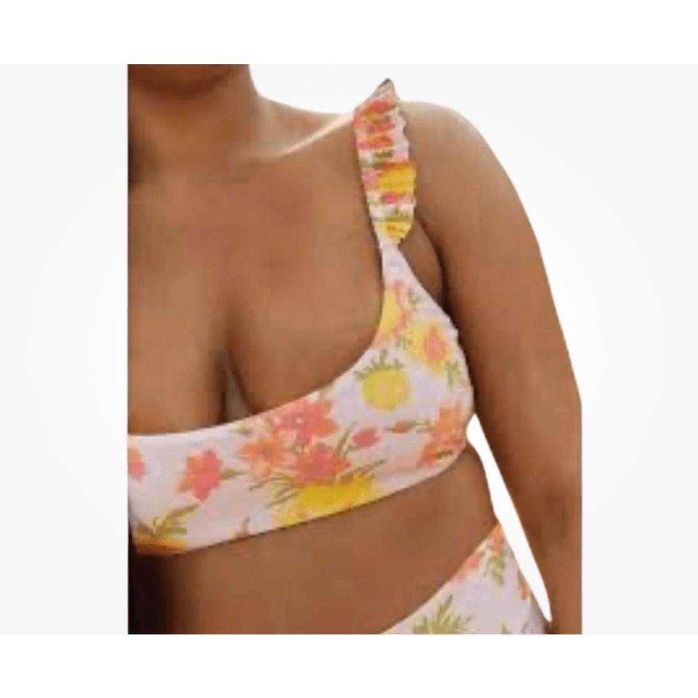 Aerie‎ Beige Freesia Floral Ruffle Strap Double Scoop Bikini Top Size M